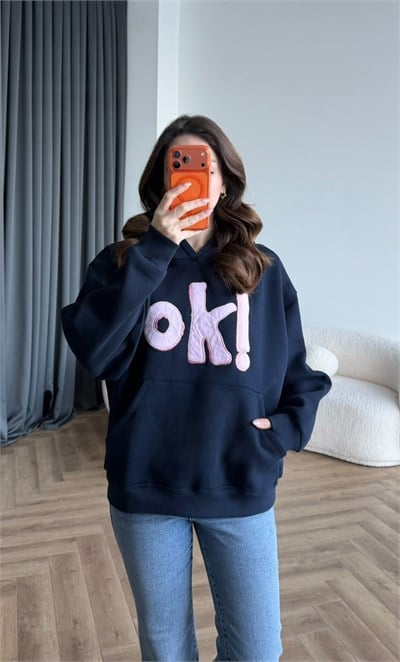 Kapişonlu Nakiş Detay Oversize Şardonlu Sweat Siyah 2482
