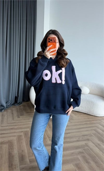 Kapişonlu Nakiş Detay Oversize Şardonlu Sweat Siyah 2482