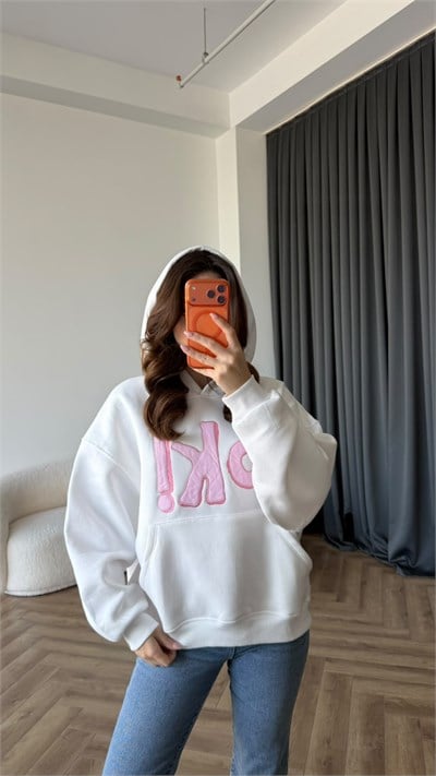 Kapişonlu Nakiş Detay Oversize Şardonlu Sweat Beyaz 2482