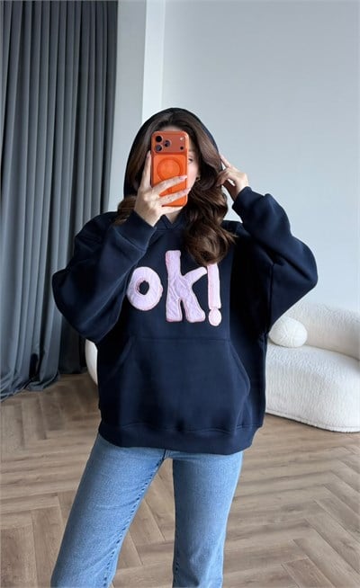 Kapişonlu Nakiş Detay Oversize Şardonlu Sweat Siyah 2482