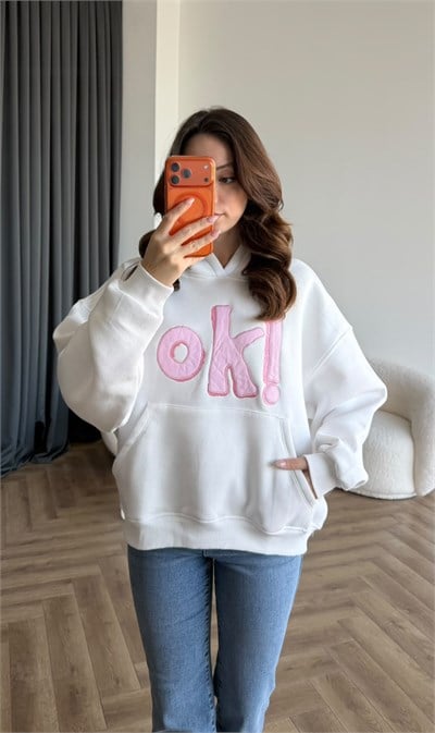 Kapişonlu Nakiş Detay Oversize Şardonlu Sweat Beyaz 2482