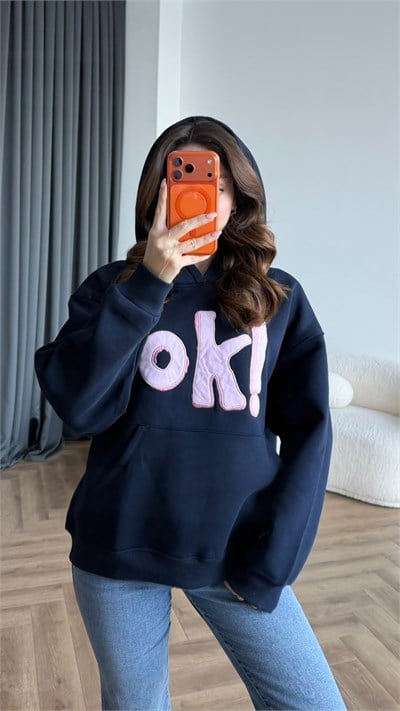 Kapişonlu Nakiş Detay Oversize Şardonlu Sweat Siyah 2482