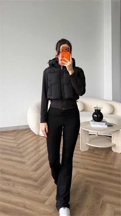 Kapişonlu Sişme Mont Siyah 2504