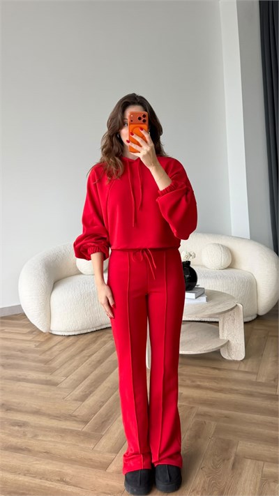 Kapişonlu Sweat ve Eşofmanlı 3 İplik Takım Kırmızı 2513