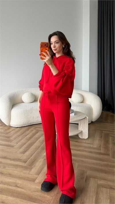 Kapişonlu Sweat ve Eşofmanlı 3 İplik Takım Kırmızı 2513