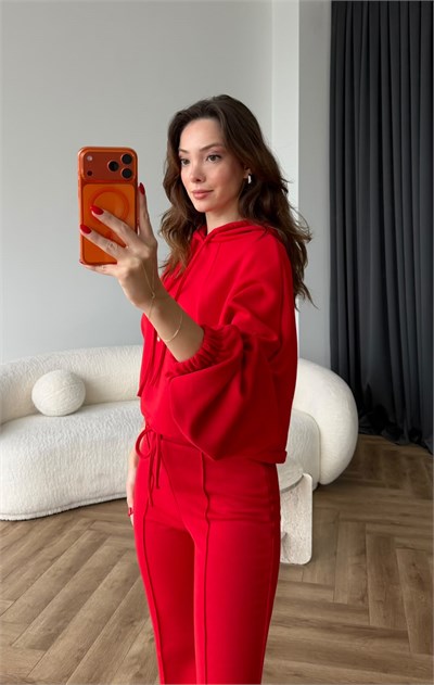 Kapişonlu Sweat ve Eşofmanlı 3 İplik Takım Kırmızı 2513