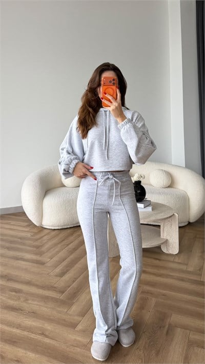 Kapişonlu Sweat ve Eşofmanlı 3 İplik Takım Gri 2513