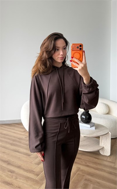 Kapişonlu Sweat ve Eşofmanlı 3 İplik Takım Kahve 2513
