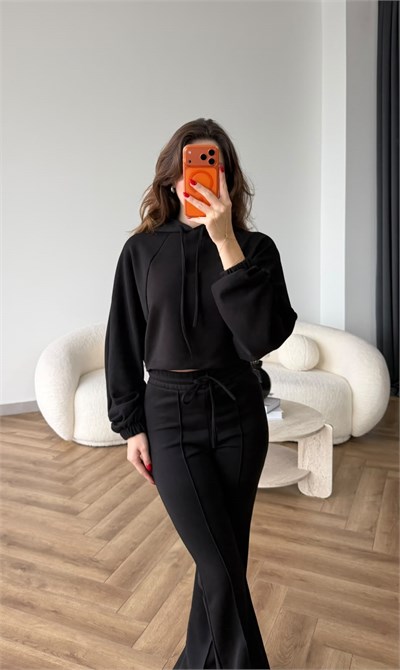 Kapişonlu Sweat ve Eşofmanlı 3 İplik Takım Siyah 2513