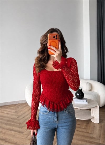 Kare Yaka Asimetrik Detay Dantel Bluz Kırmızı 2498