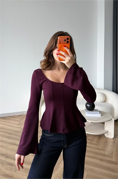Kare Yaka Bel Drape Detay İspanyol Kol Bluz Mürdüm 2518