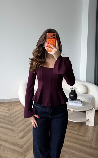 Kare Yaka Bel Drape Detay İspanyol Kol Bluz Mürdüm 2518