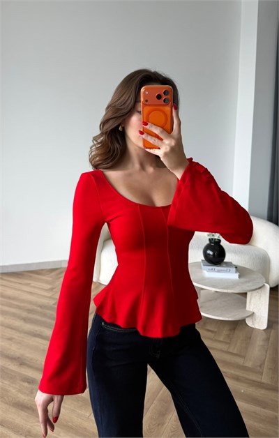 Kare Yaka Bel Drape Detay İspanyol Kol Bluz Kırmızı 2518
