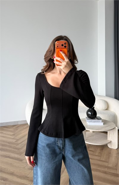 Kare Yaka Bel Drape Detay İspanyol Kol Bluz Siyah 2518