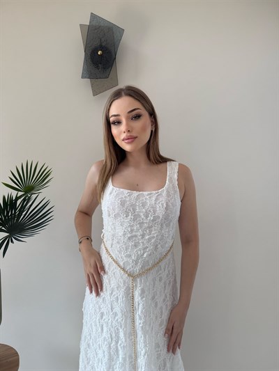 Kare Yaka Bel Kemer Detay Dantel Astarlı Elbise Beyaz 2368