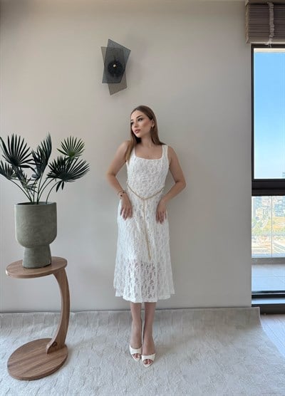 Kare Yaka Bel Kemer Detay Dantel Astarlı Elbise Beyaz 2368