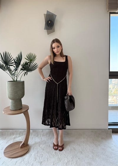 Kare Yaka Bel Kemer Detay Dantel Astarlı Elbise Acı Kahve 2368
