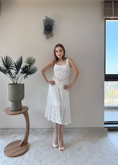 Kare Yaka Bel Kemer Detay Dantel Astarlı Elbise Beyaz 2368
