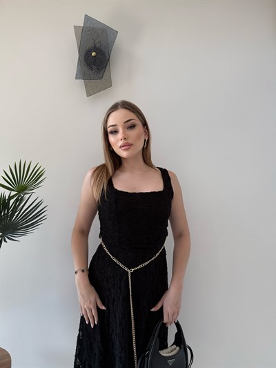 Kare Yaka Bel Kemer Detay Dantel Astarlı Elbise Siyah 2368