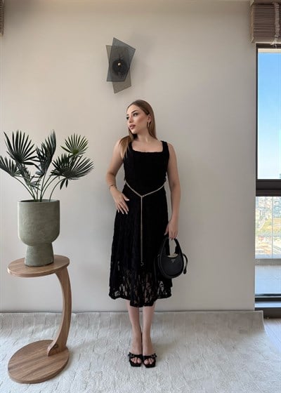 Kare Yaka Bel Kemer Detay Dantel Astarlı Elbise Siyah 2368