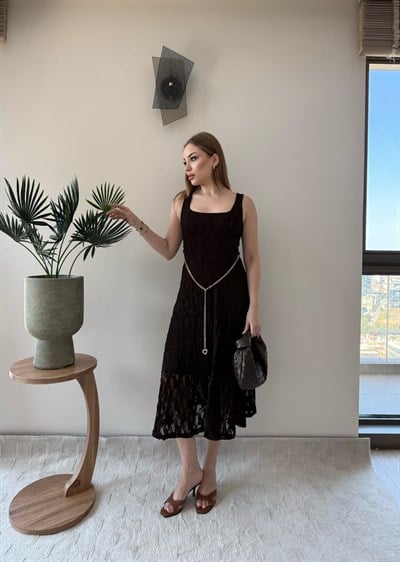 Kare Yaka Bel Kemer Detay Dantel Astarlı Elbise Acı Kahve 2368