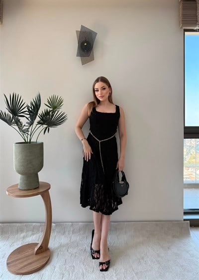 Kare Yaka Bel Kemer Detay Dantel Astarlı Elbise Siyah 2368