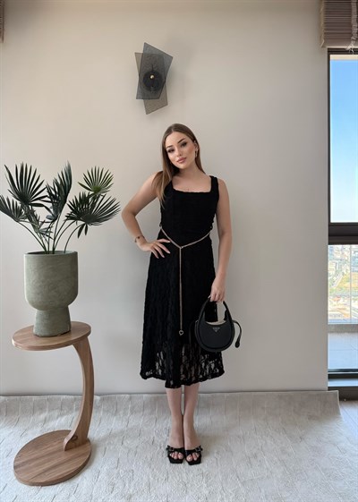 Kare Yaka Bel Kemer Detay Dantel Astarlı Elbise Siyah 2368