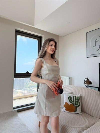 Kare Yaka Dantel Detay Keten Elbise Bej 2270