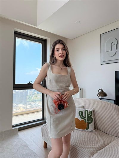 Kare Yaka Dantel Detay Keten Elbise Bej 2270