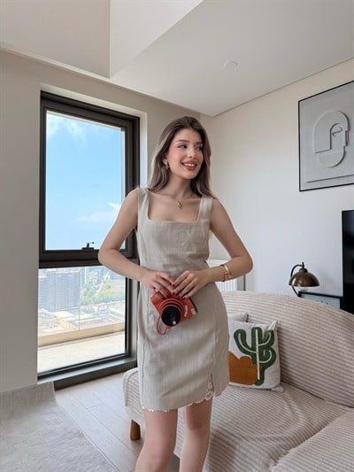 Kare Yaka Dantel Detay Keten Elbise Bej 2270