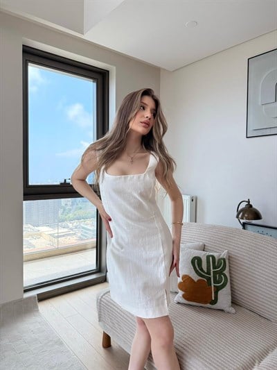 Kare Yaka Dantel Detay Keten Elbise Krem 2270