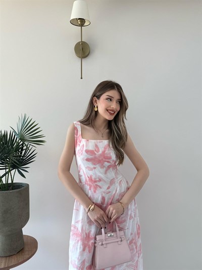 Kare Yaka Desenli İç Astarlı Keten Elbise Pembe 2262