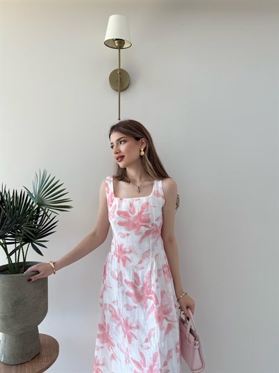 Kare Yaka Desenli İç Astarlı Keten Elbise Pembe 2262