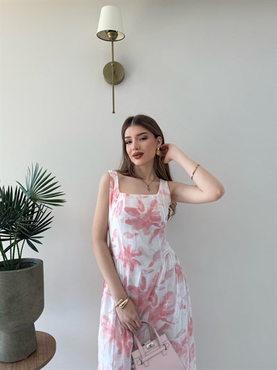 Kare Yaka Desenli İç Astarlı Keten Elbise Pembe 2262