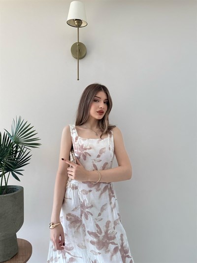 Kare Yaka Desenli İç Astarlı Keten Elbise Vizon 2262