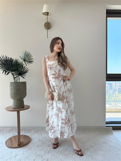 Kare Yaka Desenli İç Astarlı Keten Elbise Vizon 2262