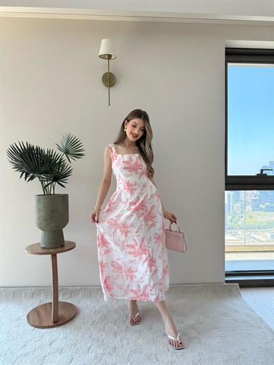 Kare Yaka Desenli İç Astarlı Keten Elbise Pembe 2262