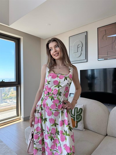 Kare Yaka Desenli Midiboy Elbise Pembe 2289