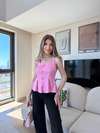 Kare Yaka Düğme Detay Etek Volanlı Bluz Pembe 2284