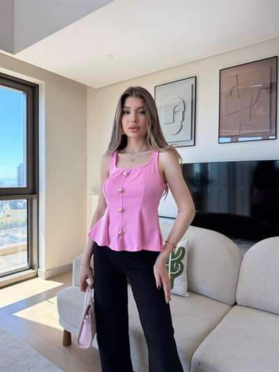 Kare Yaka Düğme Detay Etek Volanlı Bluz Pembe 2284