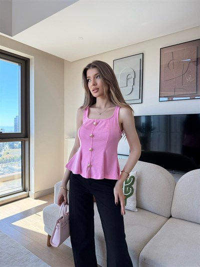 Kare Yaka Düğme Detay Etek Volanlı Bluz Pembe 2284