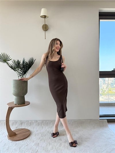 Kare Yaka Midi Boy Kalem Elbise Acı Kahve 2243