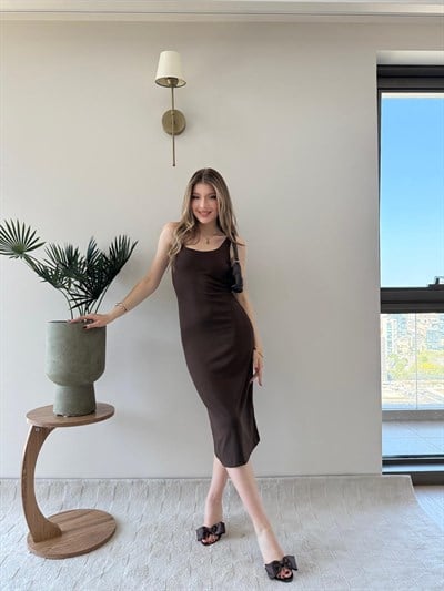 Kare Yaka Midi Boy Kalem Elbise Acı Kahve 2243