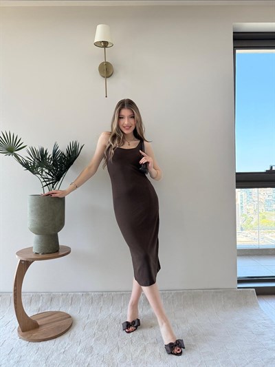 Kare Yaka Midi Boy Kalem Elbise Acı Kahve 2243