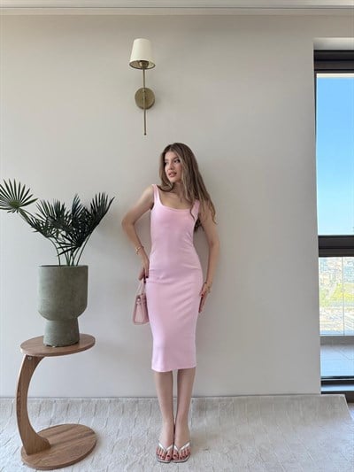 Kare Yaka Midi Boy Kalem Elbise Pembe 2243
