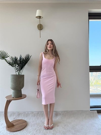 Kare Yaka Midi Boy Kalem Elbise Pembe 2243