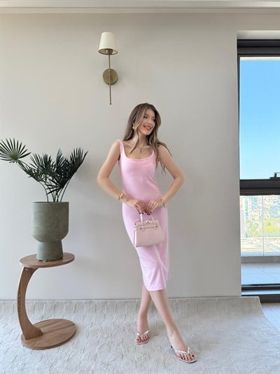 Kare Yaka Midi Boy Kalem Elbise Pembe 2243