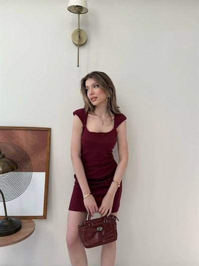 Kare Yaka Omuz Askı Detay Crep Elbise Bordo 2132