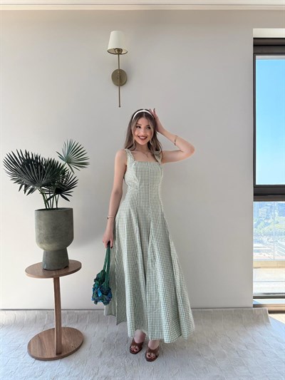 Kare Yaka Pitikare Desen Prenses Elbise Yeşil 2256