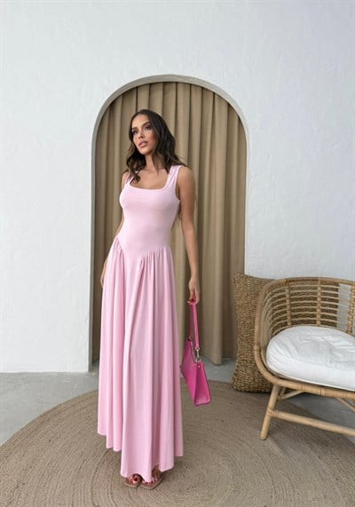 Kare Yaka Uzun Sandy Elbise Pembe 2102